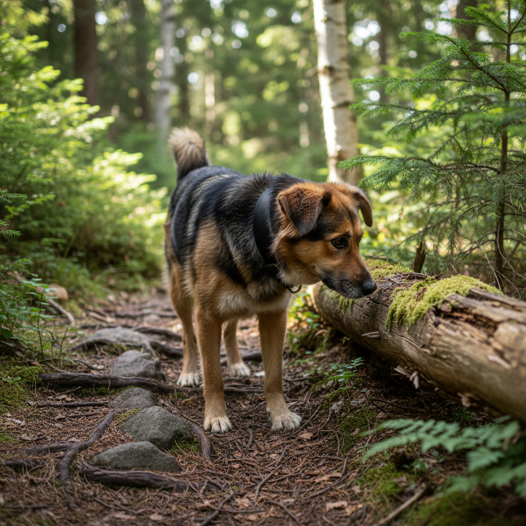 Mischling mit breitem schwarzem Zugstopp-Lederhalsband beim Wandern im Wald