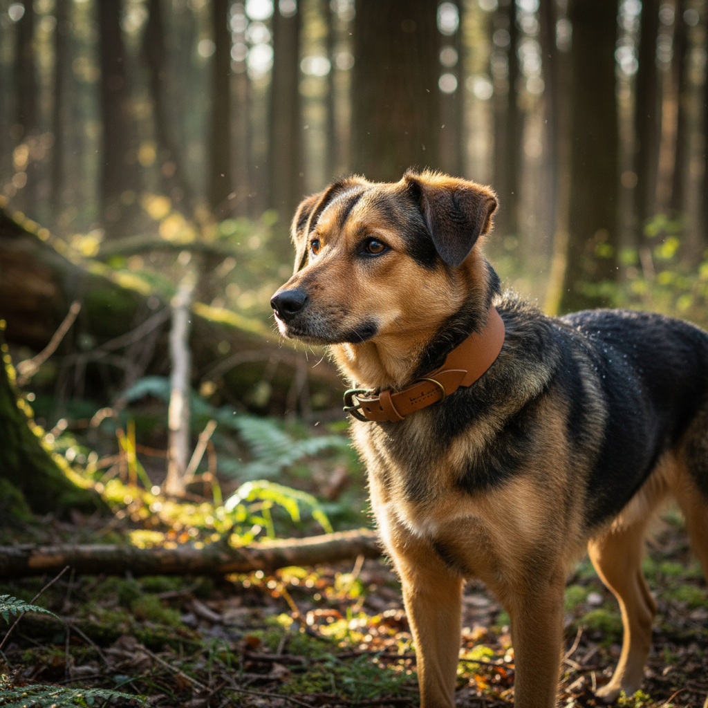 Mischling mit camel Lederhalsband im Wald
