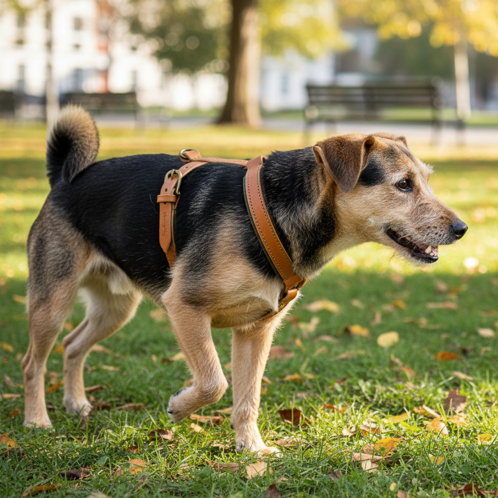 Mischling mit cognac H-Geschirr mit oliv Polsterung beim Training im Park
