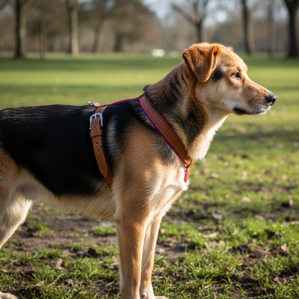 Mischling mit cognac H-Geschirr mit pink Polsterung - Seitenansicht beim Training im Park
