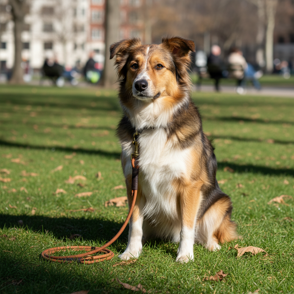 Mischling mit cognac Rundlederleine 8mm am Boden liegend im Park

