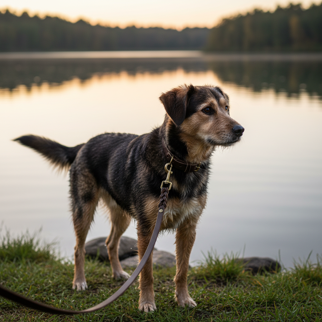 Mischling mit dunkelbraunem Lederhalsband und geflochtener Leine am See