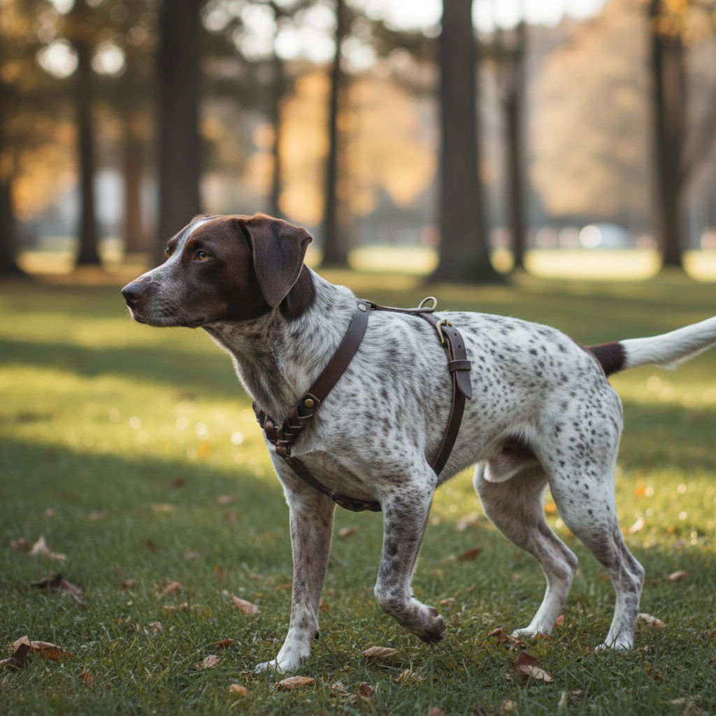 Mischling mit dunkelbraunem Waldstreuner-Geschirr mit Flechtung beim Training im Park
