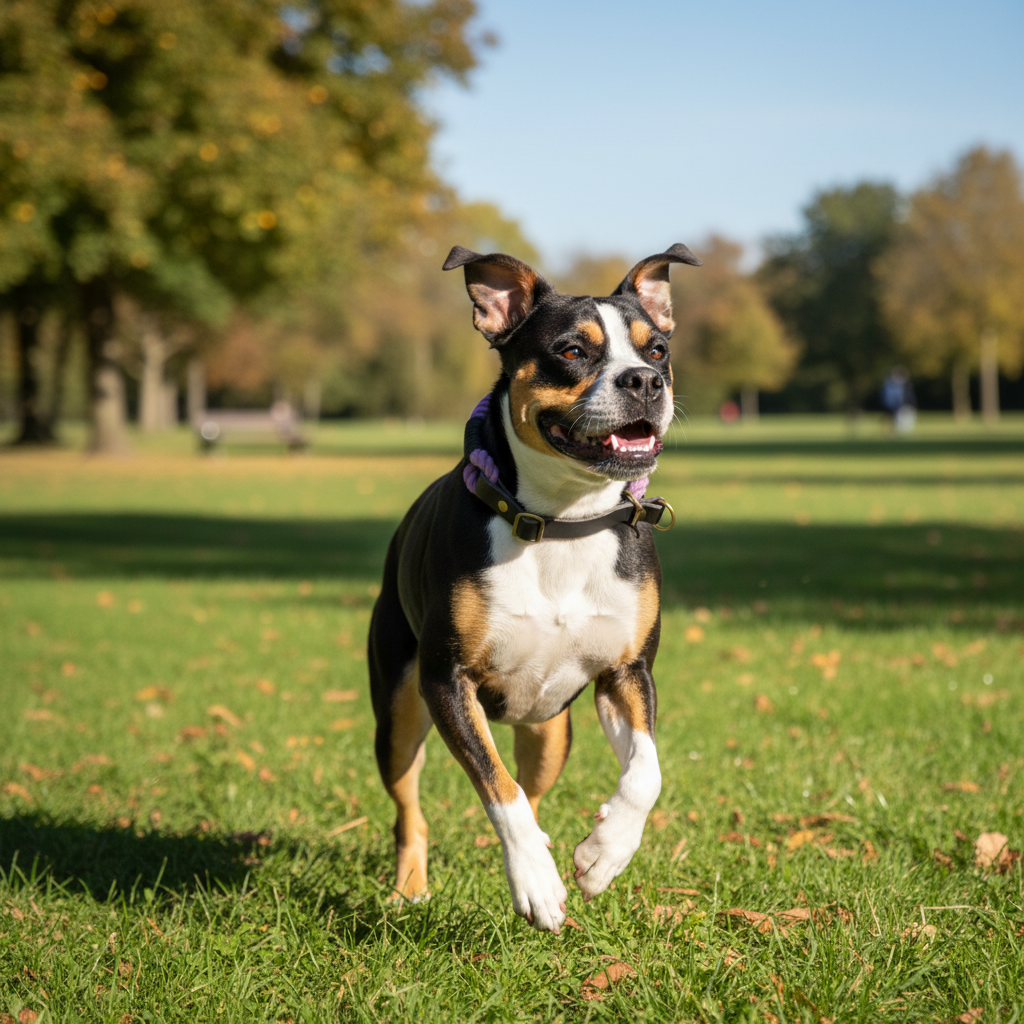 Mischling mit Fiore Zugstopp-Tauhalsband im Park
