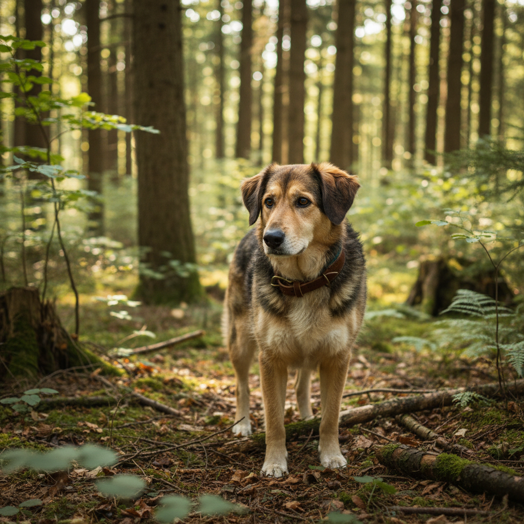 Mischling mit gepolstertem braunem Lederhalsband mit waldgrünem Futter im Wald