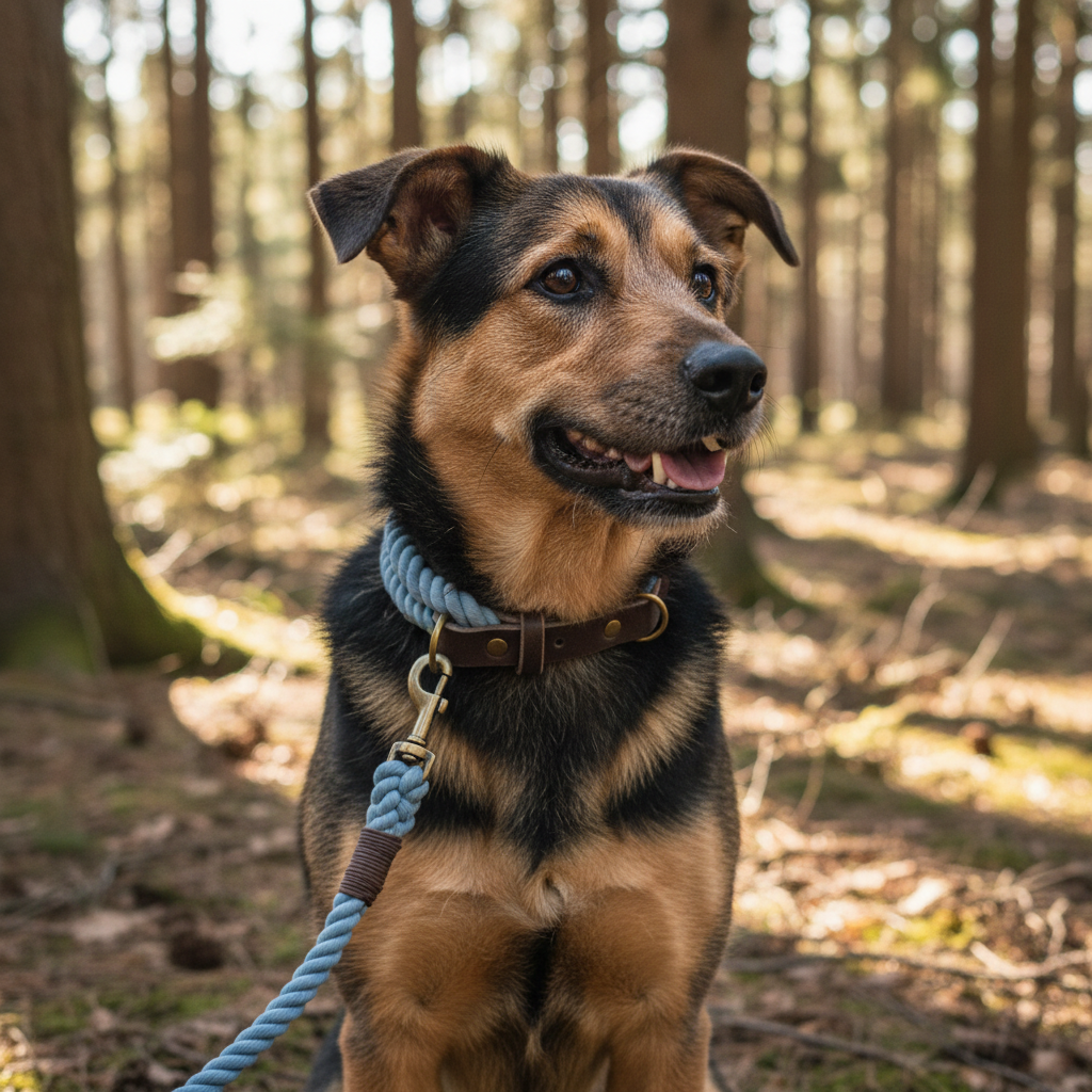 Mischling mit korrekt konstruiertem Himmelblau Tauhalsband und perfekter Leine im Wald
