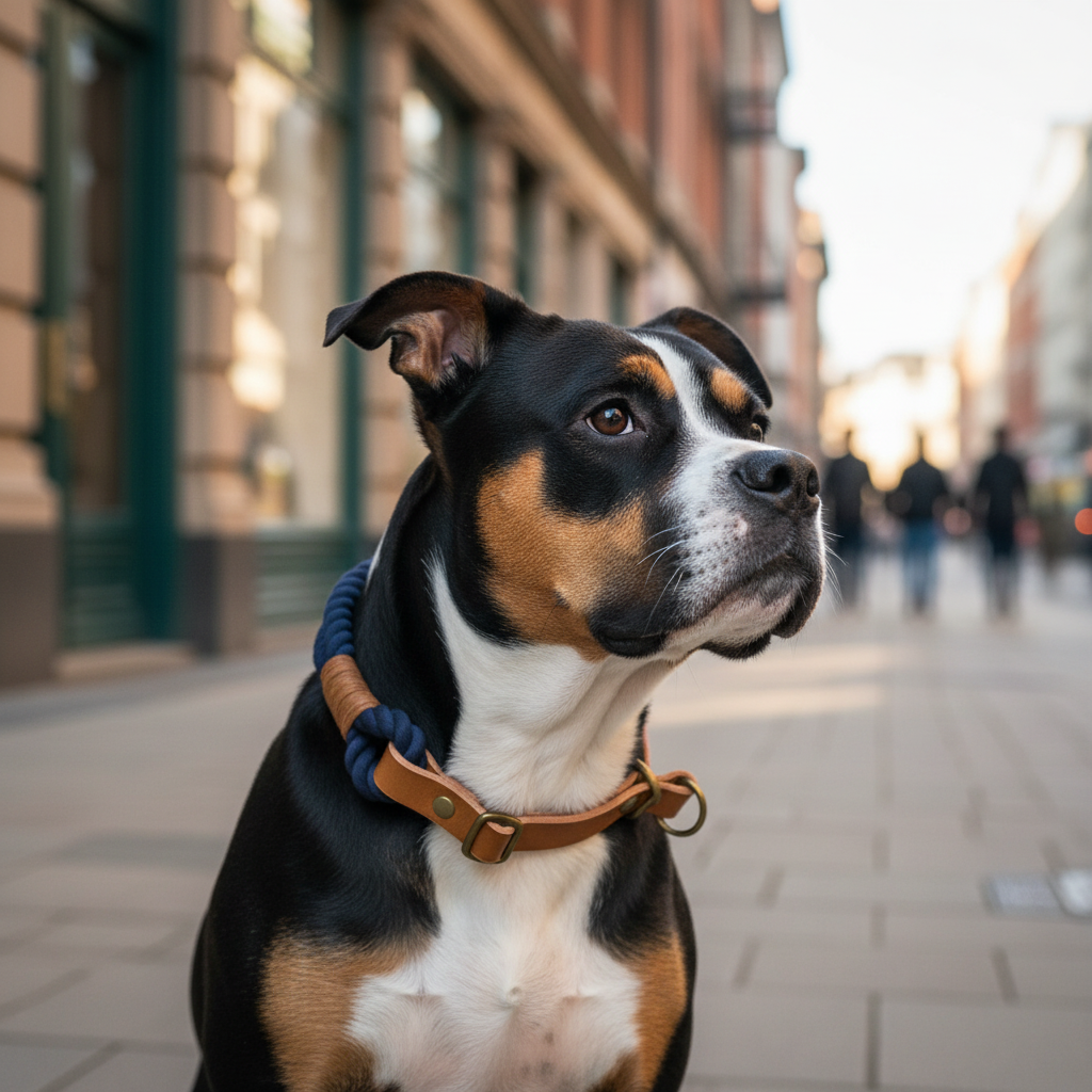 Mischling mit Notte Zugstopp-Tauhalsband in der Stadt
