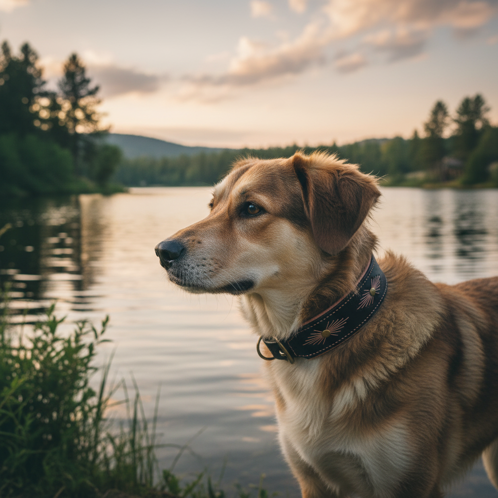 Mischling mit schwarzem Lederhalsband mit pfirsichrosa Wildledereinsatz am See
