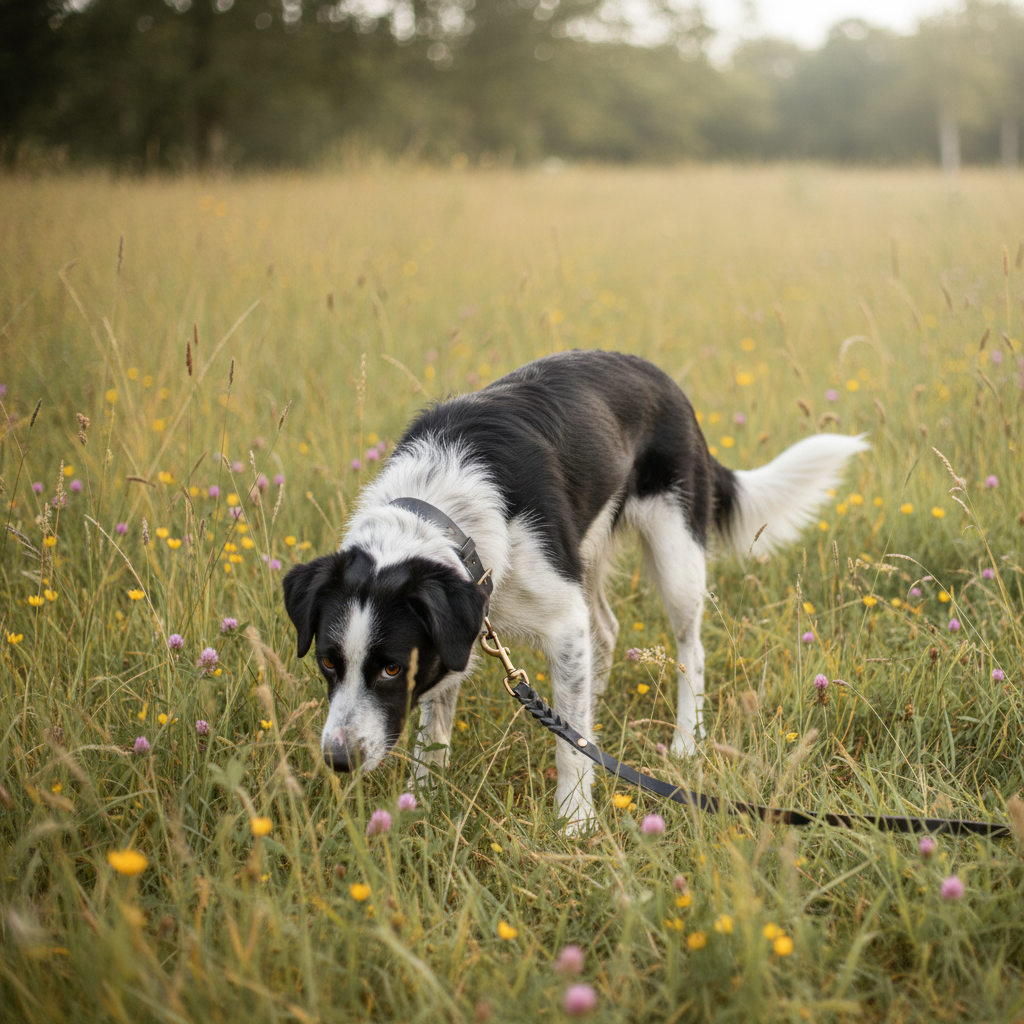 Mischling mit schwarzem Lederhalsband und geflochtener Leine auf der Wiese
