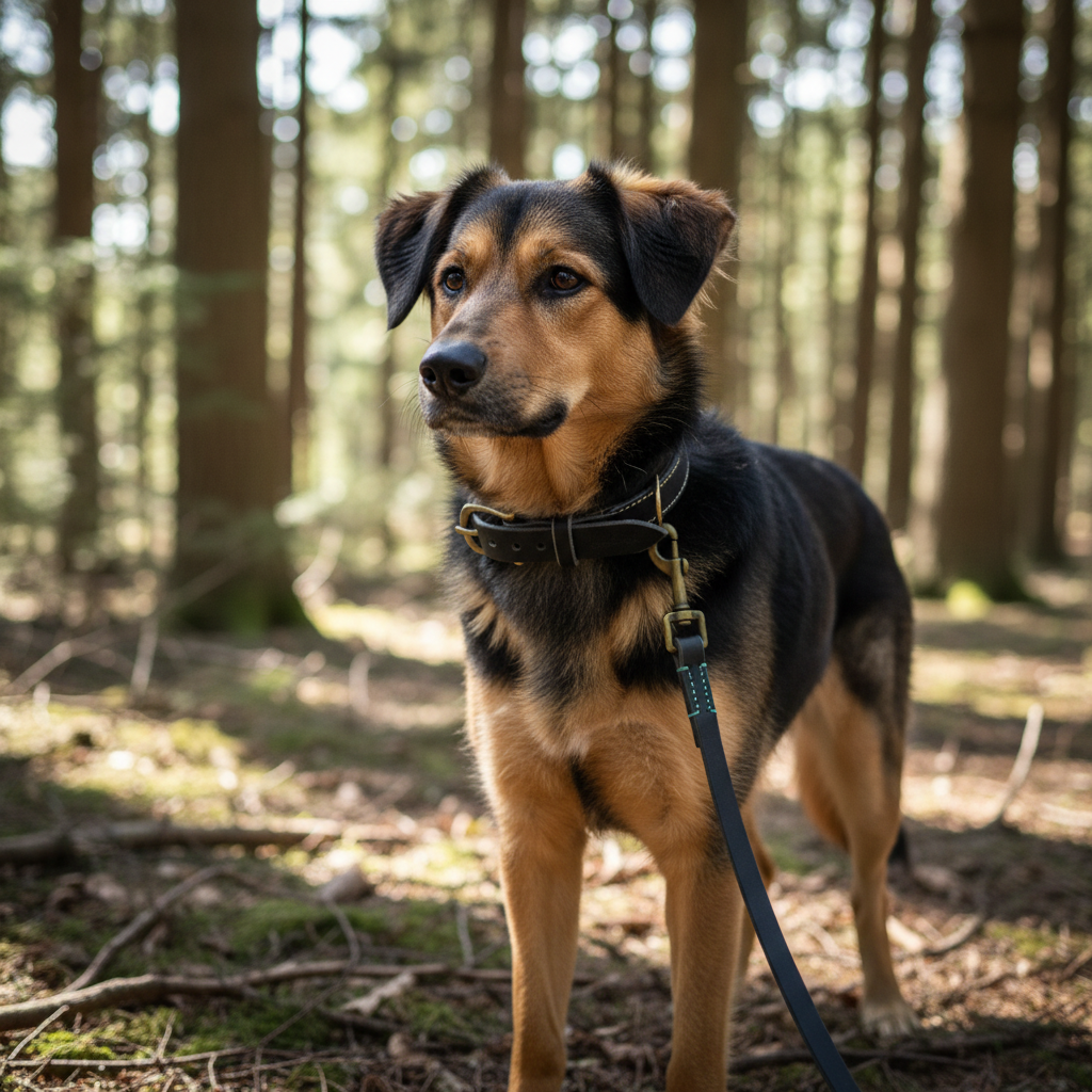 Mischling mit schwarzem Lederhalsband und Leine mit mintgrüner Naht im Wald