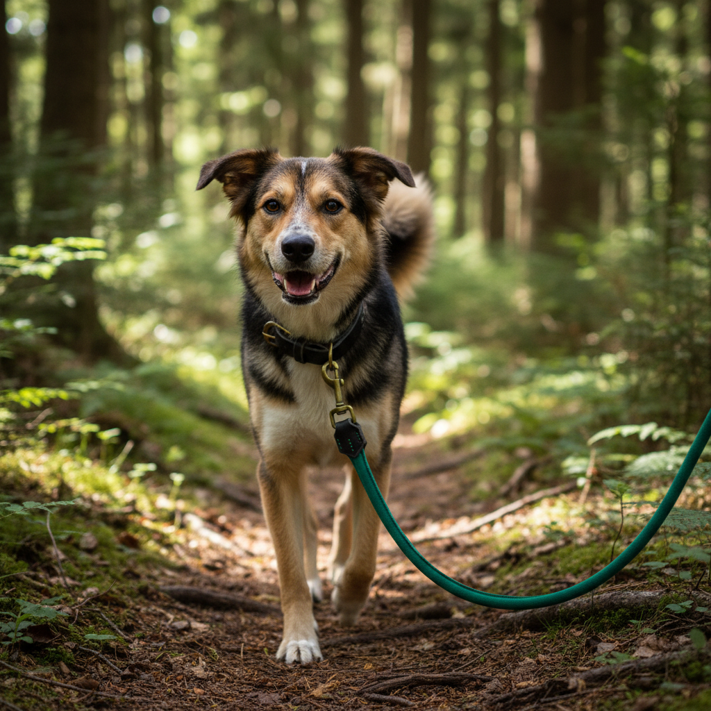Mischling mit waldgrüner Wildlederleine am schwarzen Halsband befestigt beim Wandern im Wald