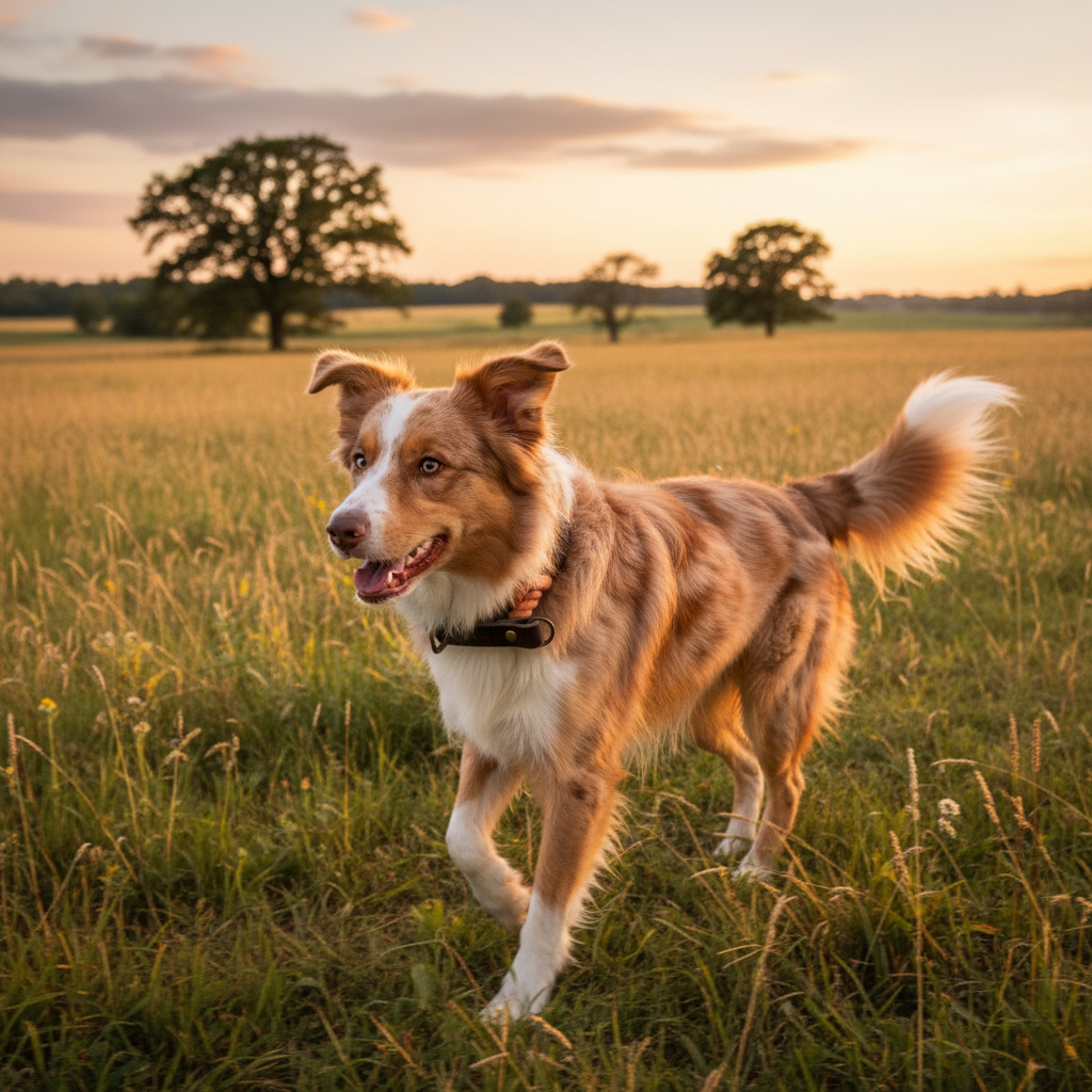 Mischling mit Zugstopp-Tauhalsband auf dem Land
