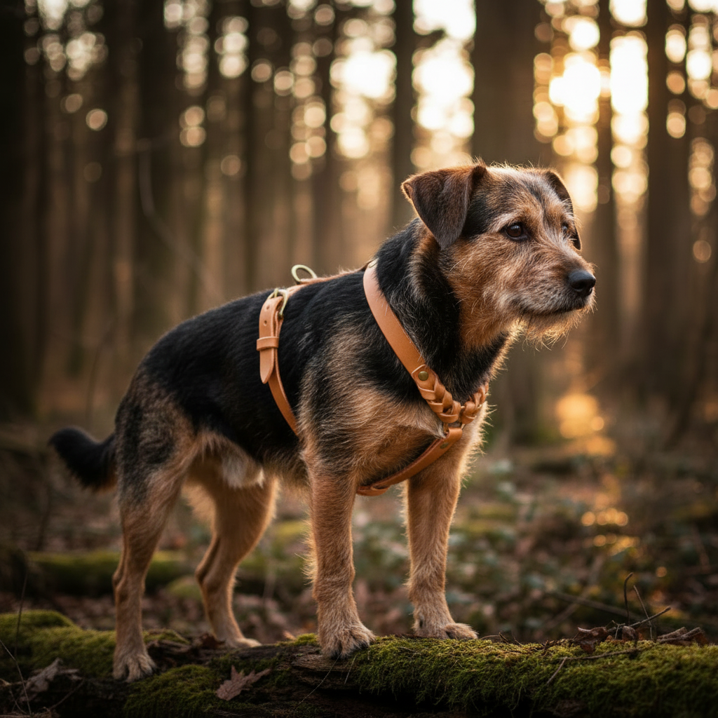 Mischling-Terrier mit camel Waldstreuner-Geschirr mit Flechtung im Wald bei goldener Stunde
