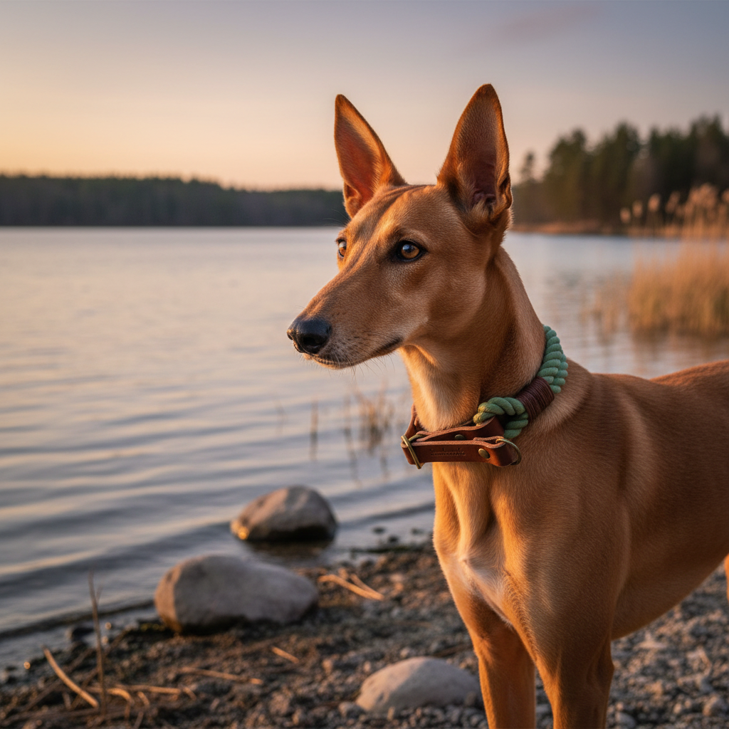 Pharaoh Hound mit Salvia Zugstopp-Tauhalsband am See