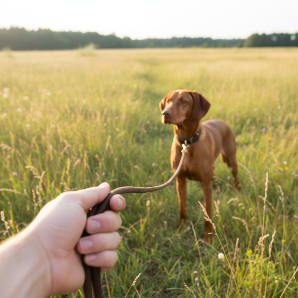 POV Vizsla mit dunkelbrauner Schleppleine - Hand hält einfaches Ende auf der Wiese