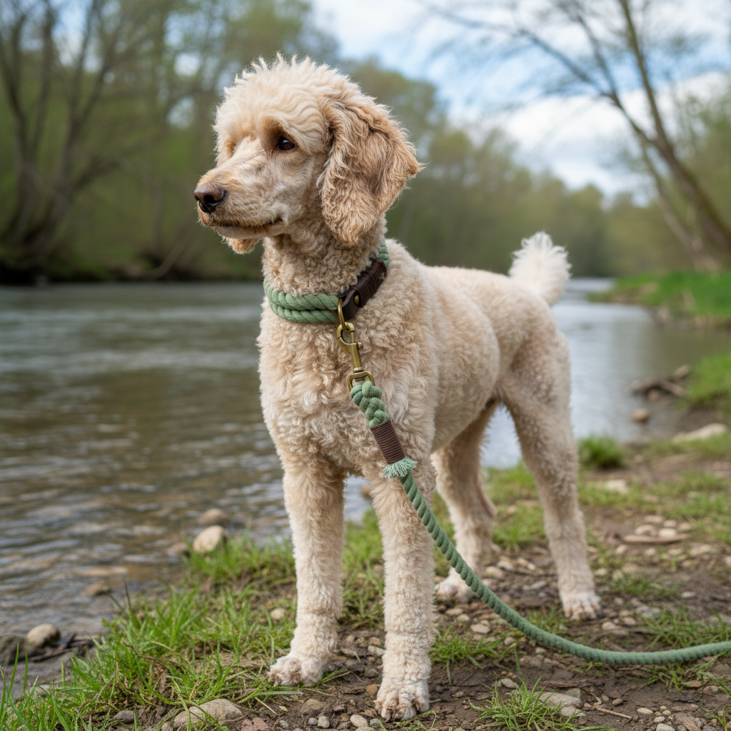 Pudel mit Salbei Tauhalsband und Leine am Fluss
