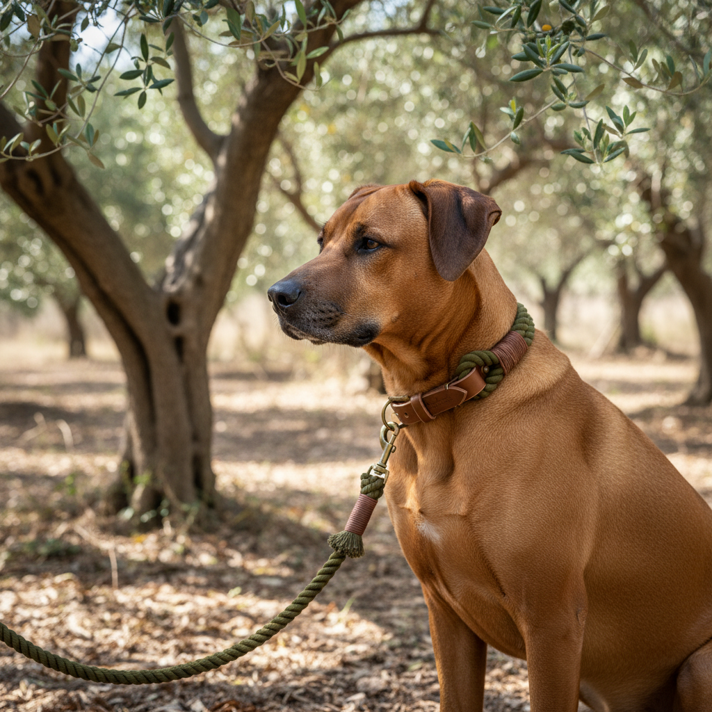 Ridgeback mit Oliva Tauhalsband und Leine im Olivenhain
