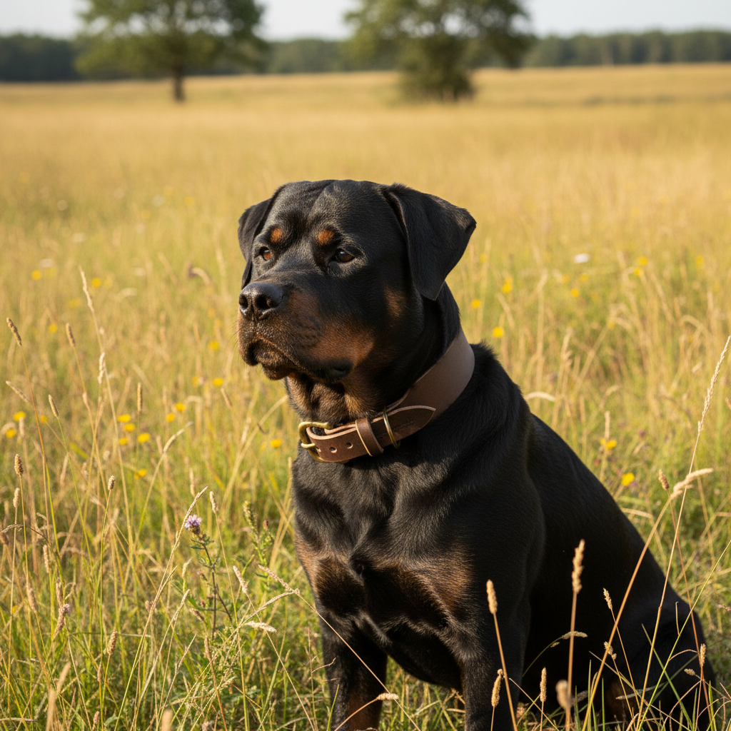 Rottweiler mit breitem dunkelbraunem Lederhalsband auf der Wiese