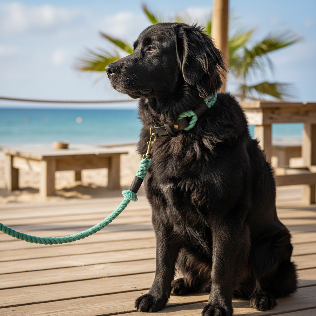 Schwarzer Hund mit perfektem Laguna Tauhalsband und korrekter Leine an der Strandbar

