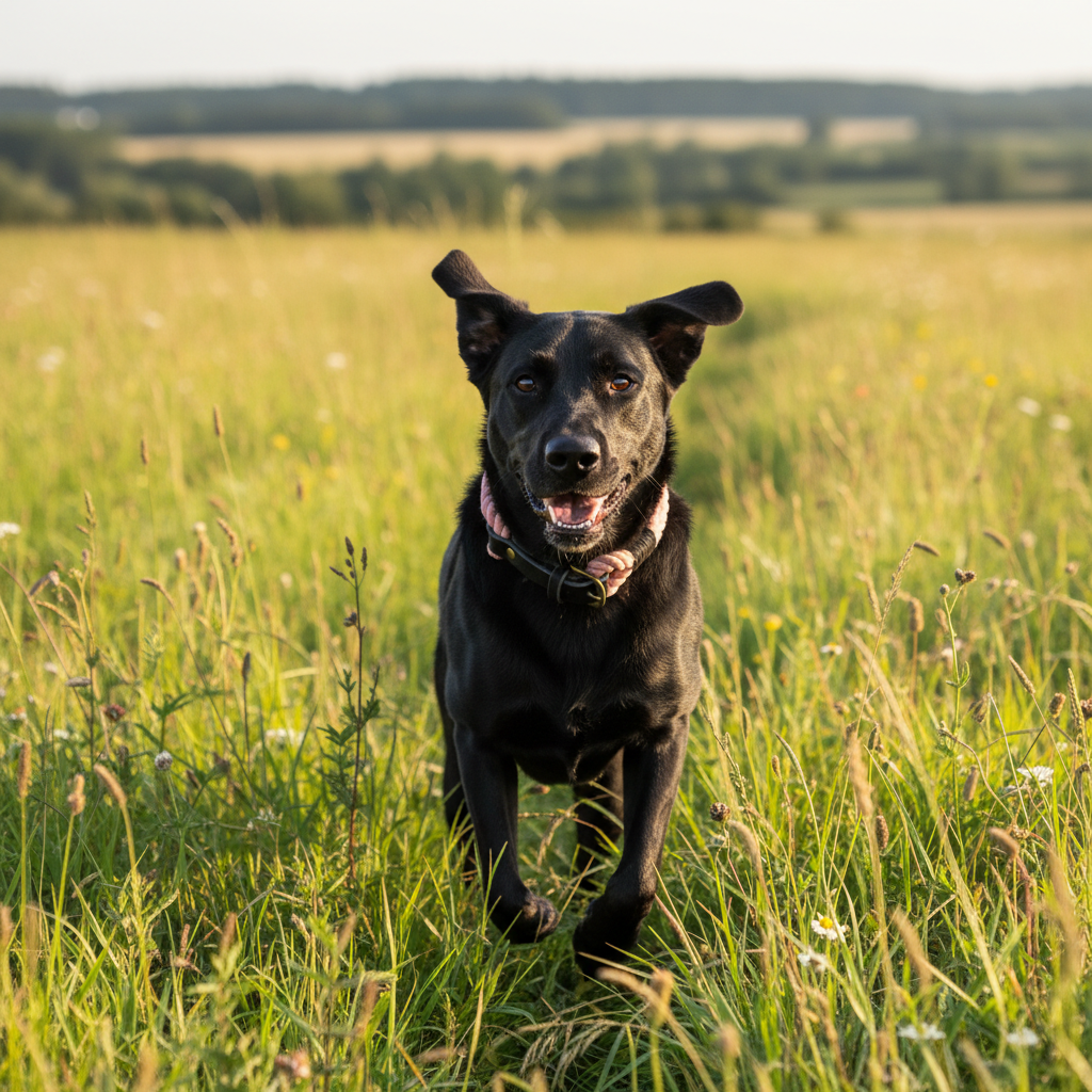 Schwarzer Mischling mit korrekt proportioniertem Magnolia Tauhalsband
