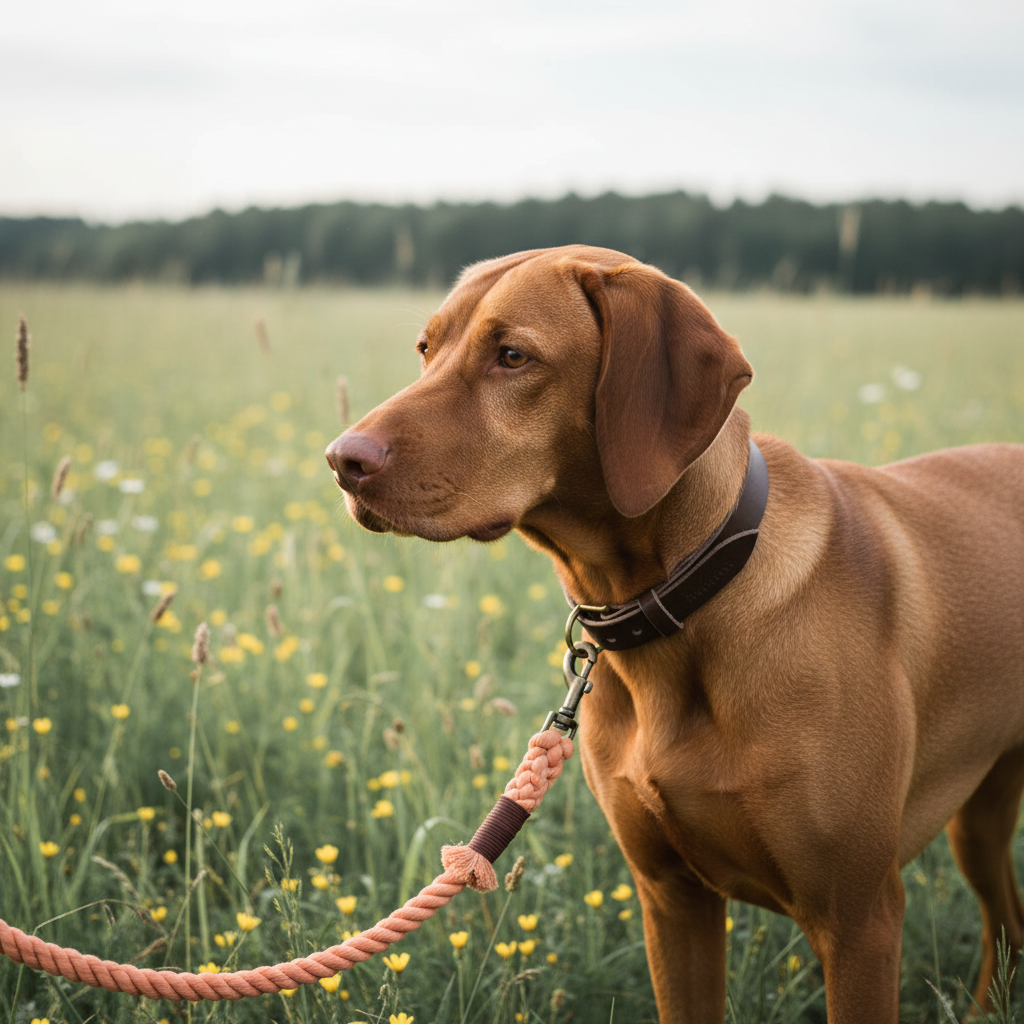 Vizsla mit braunem Lederhalsband und pfirsichfarbener Tauleine auf dem Land
