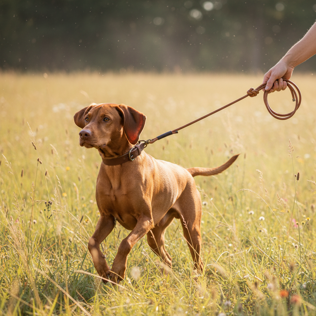 Vizsla mit cognac Schleppleine 8mm, Mensch hält das geknotete Ende bei Outdoor-Aktivität auf der Wiese
