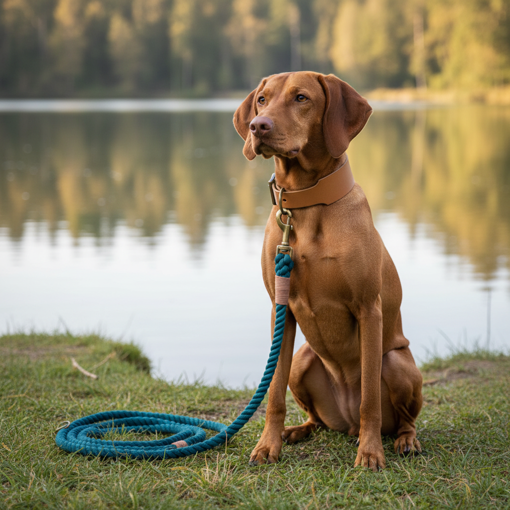 Vizsla mit cognacfarbenem Lederhalsband und petrol Tauleine am See