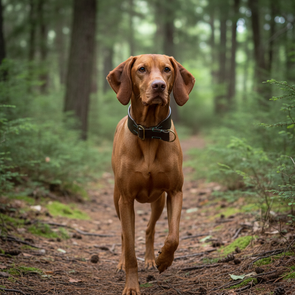 Vizsla mit dunkelbraunem Zugstopp-Lederhalsband mit mint Naht beim Wandern im Wald
