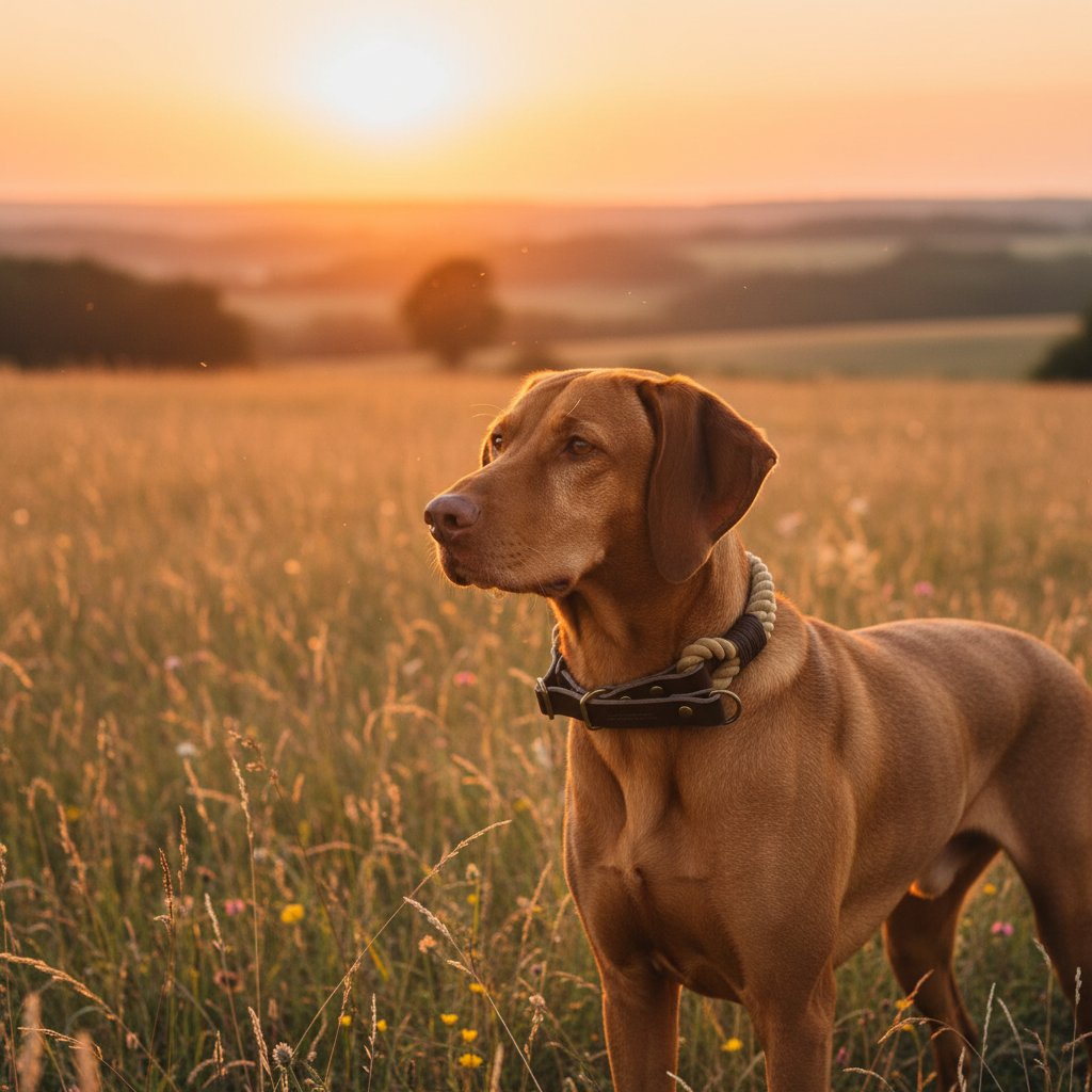 Vizsla mit Emilia Zugstopp-Tauhalsband im Feld bei Sonnenuntergang
