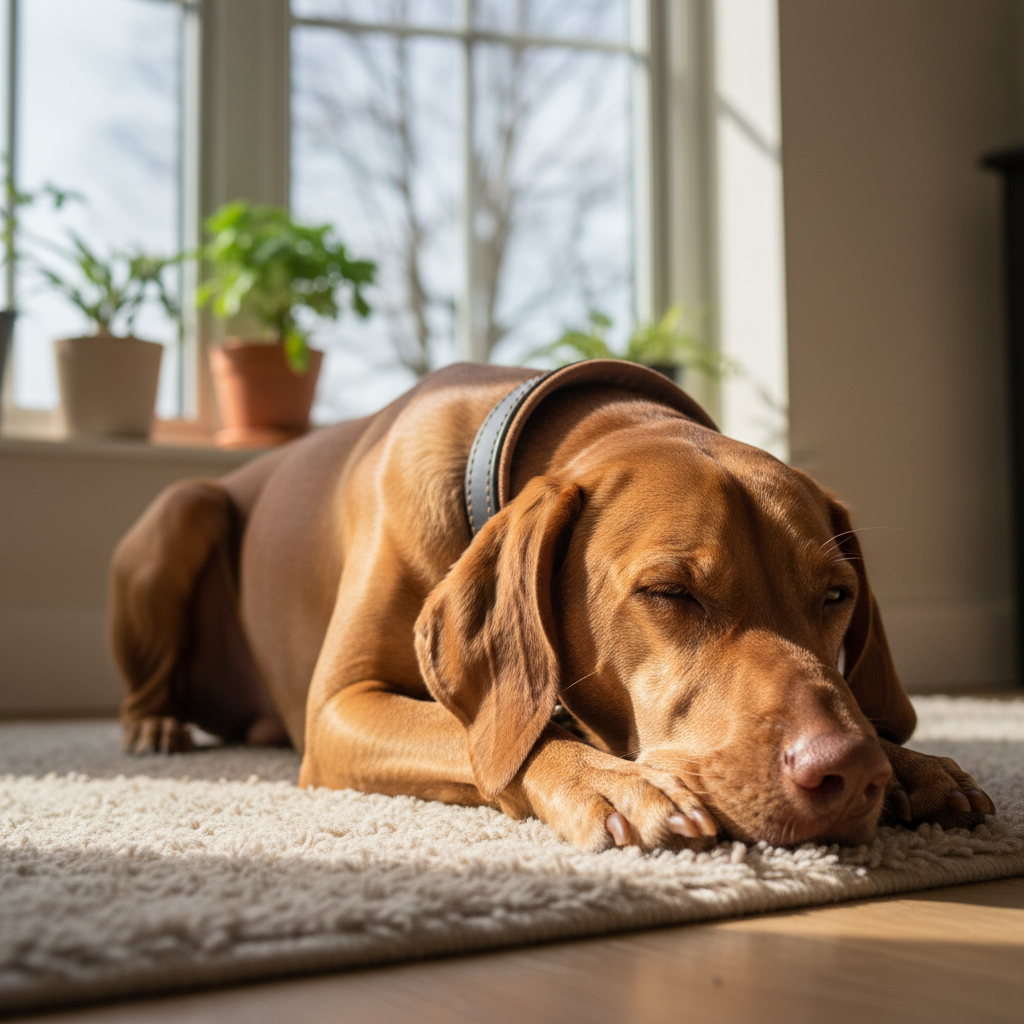Vizsla mit gepolstertem schwarzem Zugstopp-Lederhalsband mit cognac Polsterung beim Ausruhen am Fenster