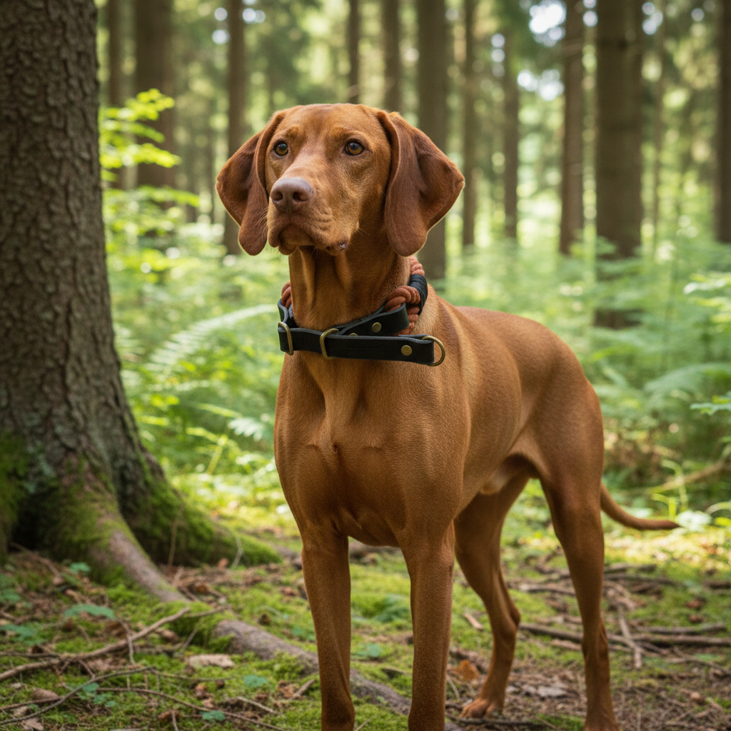 Vizsla mit Rosso Schwarz Zugstopp-Tauhalsband im Wald
