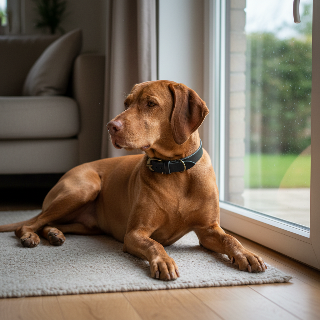 Vizsla mit schwarzem Lederhalsband am Fenster mit natürlichem Licht