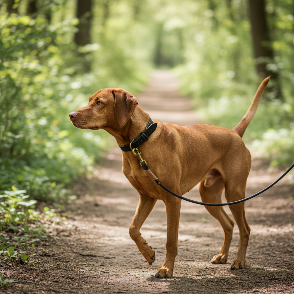 Vizsla mit schwarzer Rundlederleine 8mm am schwarzen Halsband befestigt beim Spaziergang auf einem Weg