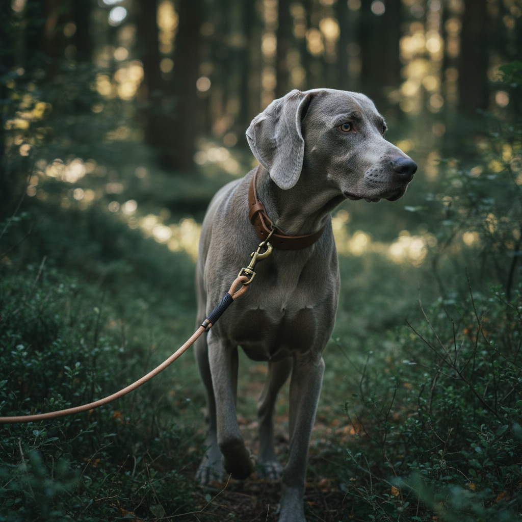 Weimaraner mit naturbelassener Rundlederleine 8mm im Halsband-Farbton beim Wandern im Wald
